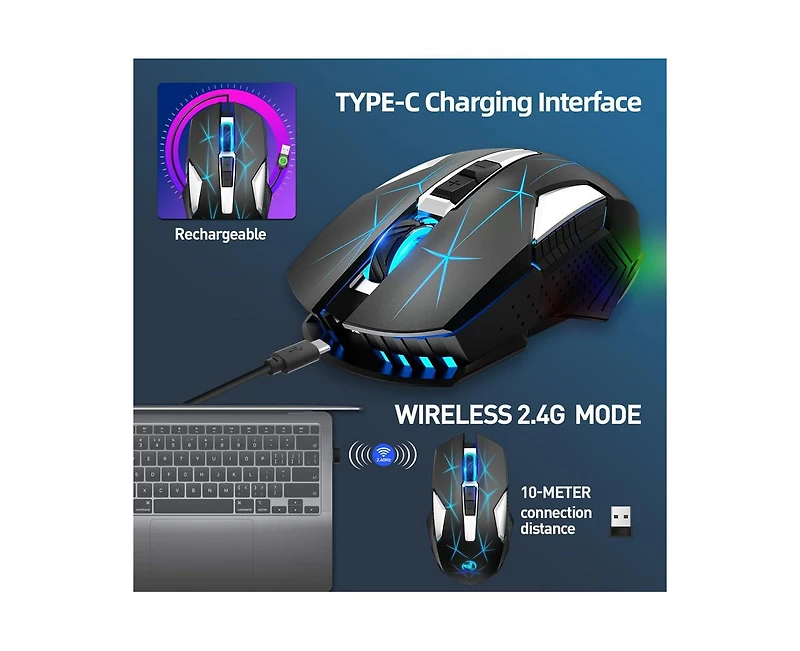 Risokeys 2.4G Wireless Rechargeable Gaming Mouse, 3 Adjustable Dpi (1000/1600/2400)