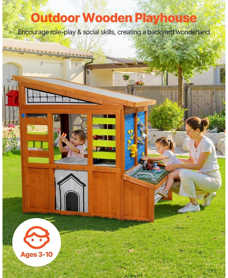 Sugift Cedar Wood Playhouse with Functional Doorbell, Windows & Storage Pockets