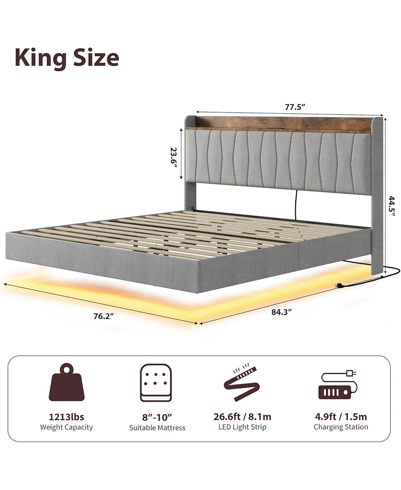 gaomon Floating Upholstered Platform Bed with Led Lights, Charging Station, Storage Headboard and Wood Slat Support