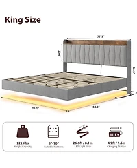 gaomon Floating Upholstered Platform Bed with Led Lights, Charging Station, Storage Headboard and Wood Slat Support