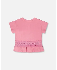 Deux par Deux Big Girls Crinkle Jersey Long T-Shirt with Crochet Insert Pink