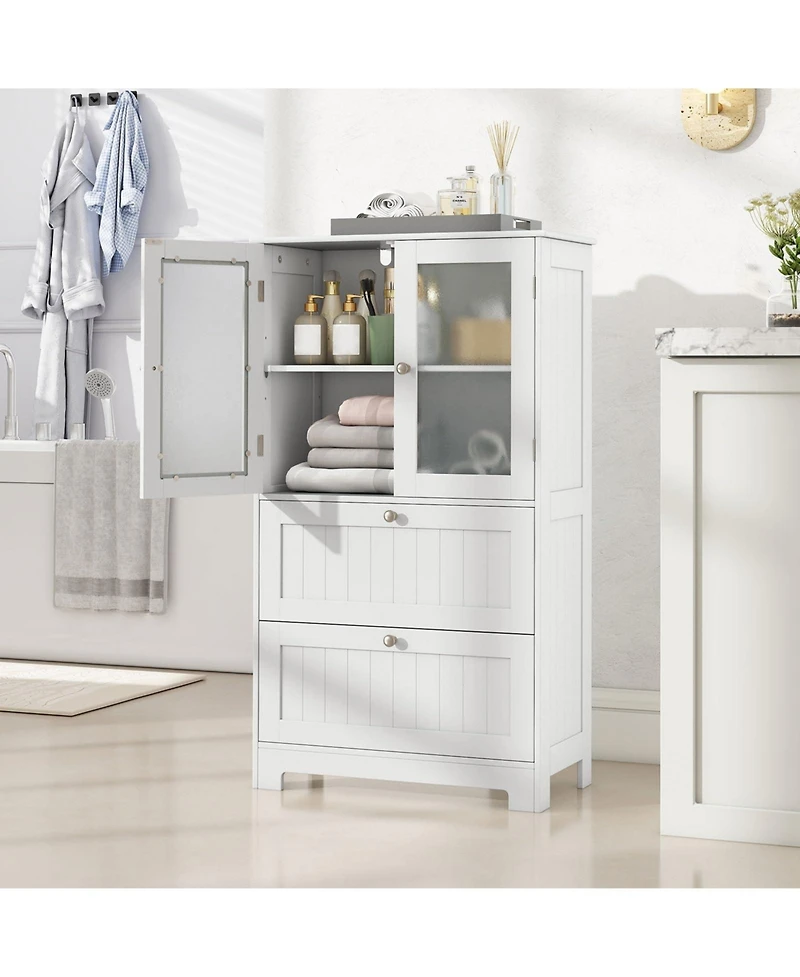 Volenca Freestanding Bathroom Storage Cabinet with 2 Drawers and 2 Frosted Glass Doors