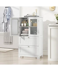 Volenca Freestanding Bathroom Storage Cabinet with 2 Drawers and 2 Frosted Glass Doors