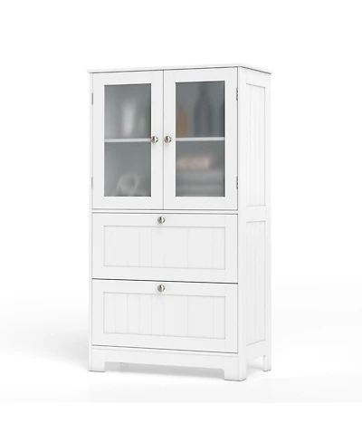 Volenca Freestanding Bathroom Storage Cabinet with 2 Drawers and 2 Frosted Glass Doors