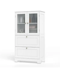Volenca Freestanding Bathroom Storage Cabinet with 2 Drawers and 2 Frosted Glass Doors