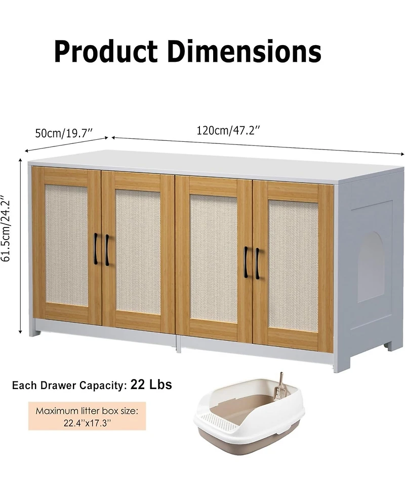 gaomon Double Litter Box Enclosure Furniture for 2 Cats | 47.2" Large Hidden Cabinet with Sisal Doors, Multi-Functional Cat Tv Stand/Side Table