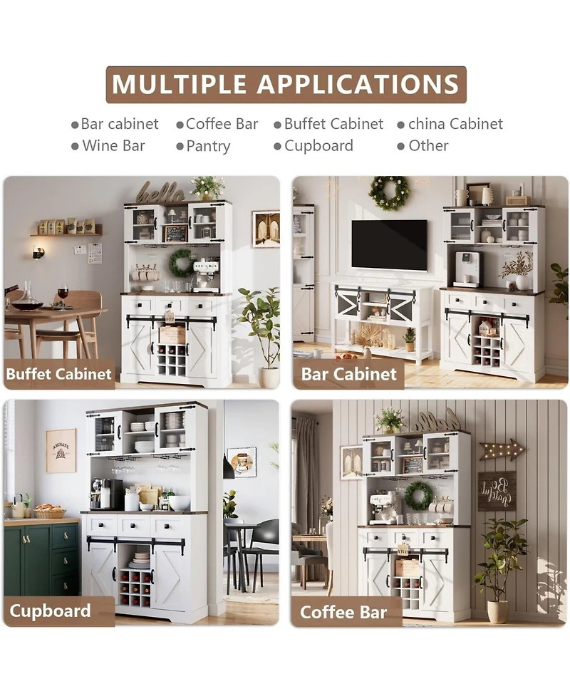 72 in Farmhouse Bar Cabinet with Sliding Barn Door, Tall Kitchen Buffet with Storage Hutch and 3 Drawer, Rustic Coffee Wine Bar Sideboard with Wine &