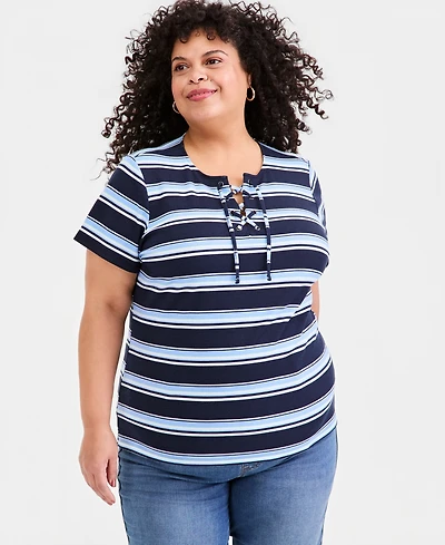 Style & Co Plus Size Striped Lace-Up Short-Sleeve Top, Macy's Exclusive