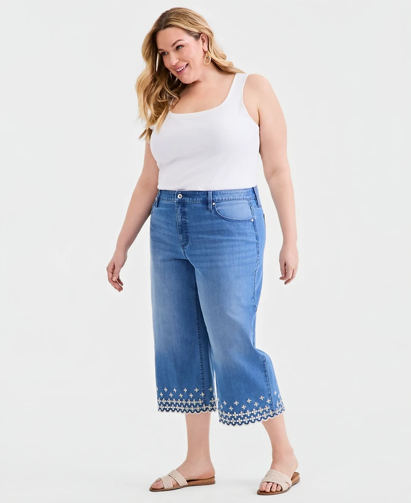 Style & Co Plus Embroidered Scalloped High Rise Wide-Leg Crop Jeans, Macy's Exclusive