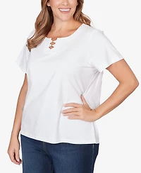 Hearts Of Palm Plus Solid Short Sleeve Beaded Neck Top