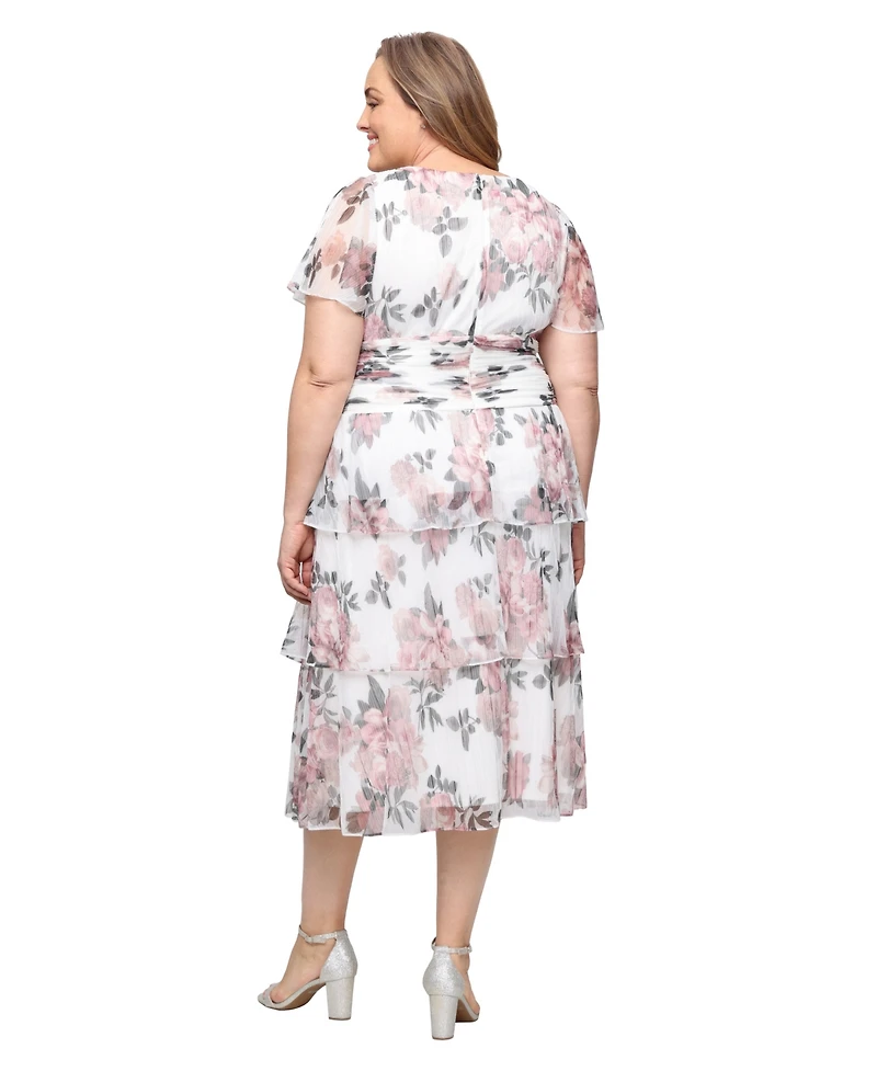 Sl Fashions Plus Printed V-Neck Tea Length Dress