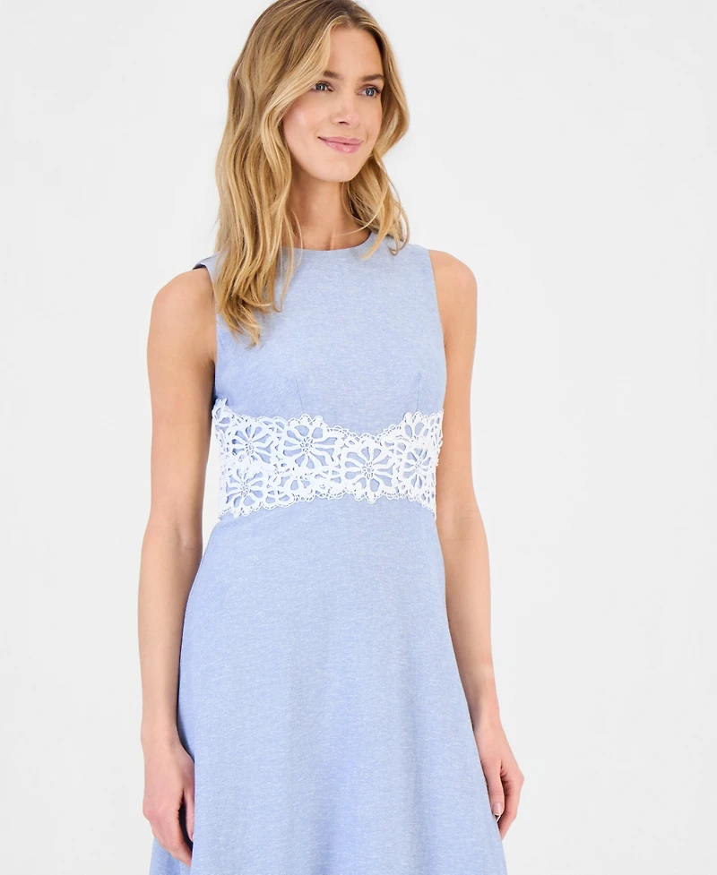 Anne Klein Women's Linen-Blend Lace-Trim A-Line Midi Dress