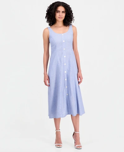 Anne Klein Women's Linen Blend Sleeveless Button-Front A-Line Dress