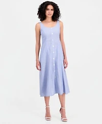 Anne Klein Womens Linen Blend Sleeveless Button Front A Line Dress
