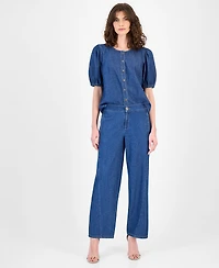 Anne Klein Women's Cotton Gathered Button-Front Denim Blouse