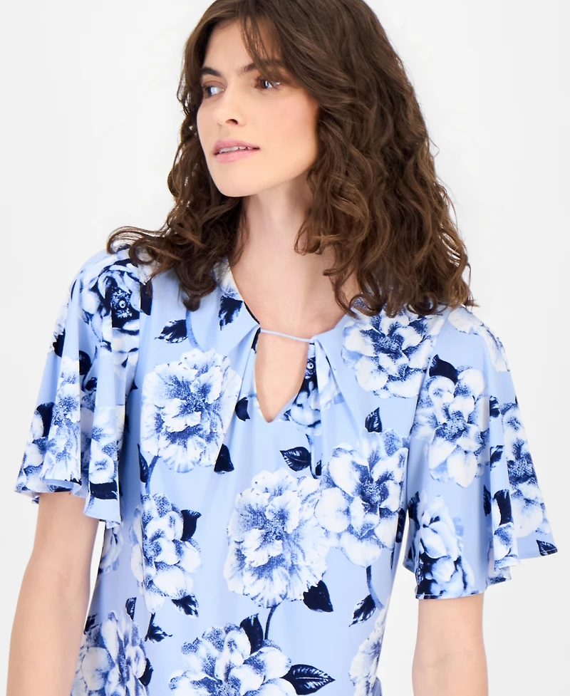 Anne Klein Women's Pleated Printed Bell-Sleeve Top