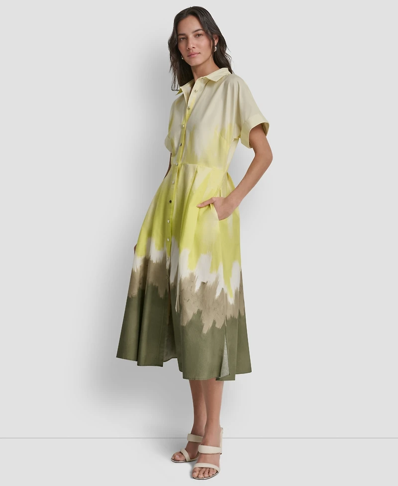 Dkny Women's Short-Sleeve Collared Printed Button-Front Dress