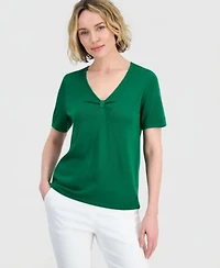 Kasper Womens Gathered V Neck Short Sleeve Sweater