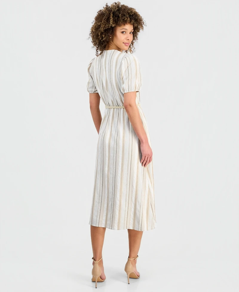 Kasper Women's Striped Puff-Sleeve Midi Shirtdress