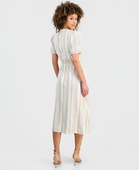 Kasper Women's Striped Puff-Sleeve Midi Shirtdress