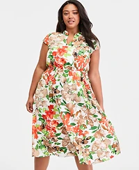 Kasper Plus Printed Split-Neck Cap-Sleeve Dress