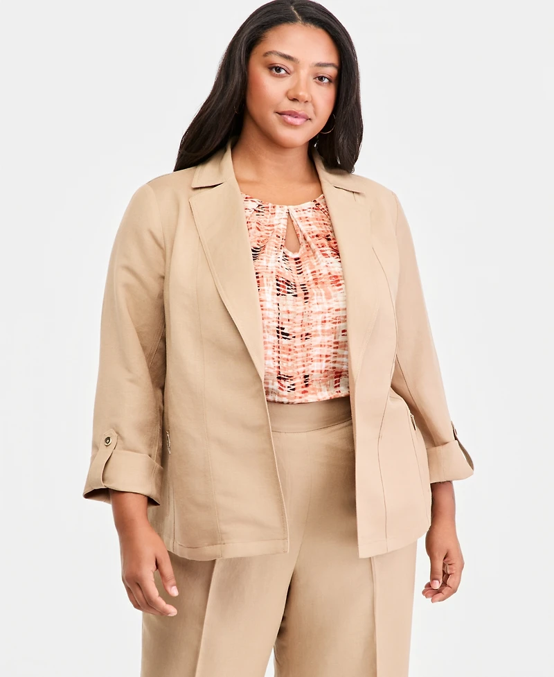 Kasper Plus Linen Open-Front Seamed Roll-Tab-Sleeve Jacket