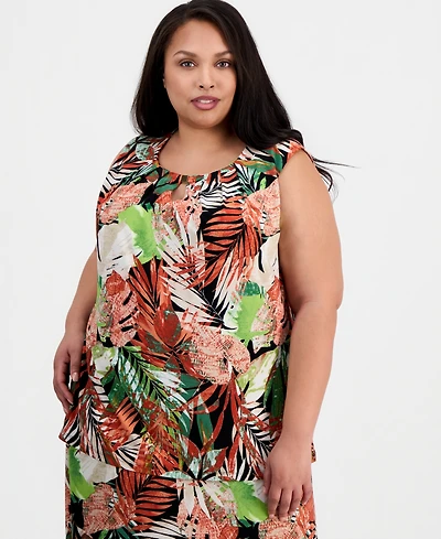 Kasper Plus Printed Pleat-Neck Sleeveless Top