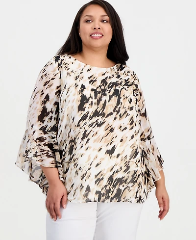 Kasper Plus Printed Boat-Neck Ruffle-Sleeve Blouse