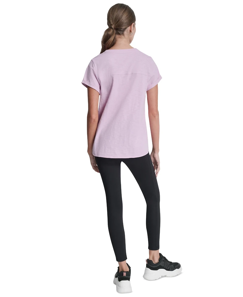 Dkny Sport Women's Embroidered Crewneck Logo Roll-Sleeve Top