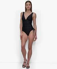Dkny Women's Side Tie Plunge Removable Cups One-Piece Swimsuit