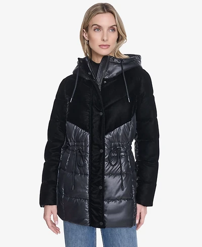 Women's Varna Velvet Mixed Quilted Puffer Jacket Within Attached Hood