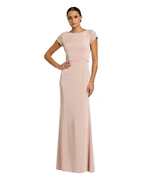 Mac Duggal Women's Beaded Cap Sleeve Bateau Column Dress