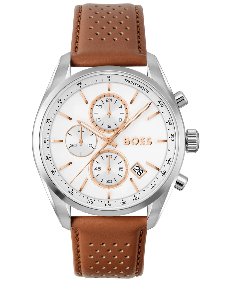 Hugo Boss Men's Grand Prix 44 Quartz Chrono Brown Leather Watch, 44.5mm