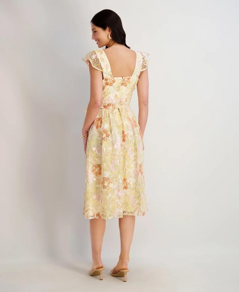 kensie Women's Embroidered Sequin V-Neck Mesh Dress