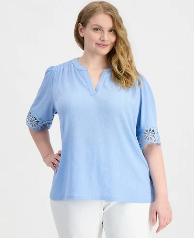 Anne Klein Plus Split-Neck Lace-Trim Elbow-Sleeve Top