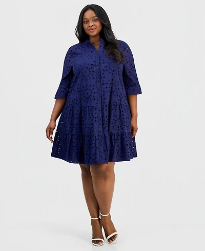 Anne Klein Plus Cotton Eyelet Tiered Shirtdress