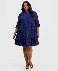 Anne Klein Plus Cotton Eyelet Tiered Shirtdress