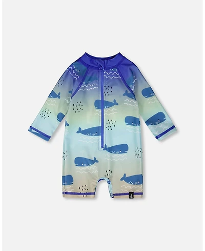 Deux par Deux Baby Boys One-Piece Long Sleeve Rashguard Blue Whale Print