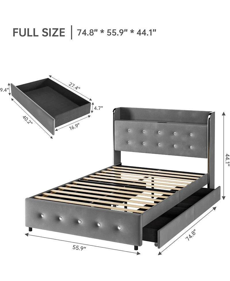 gaomon Full Upholstered Platform Bed Frame with Trundle & 4 Storage Drawers