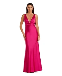 Mac Duggal Women's Sleeveless V Neck Satin Gown With Bow Details