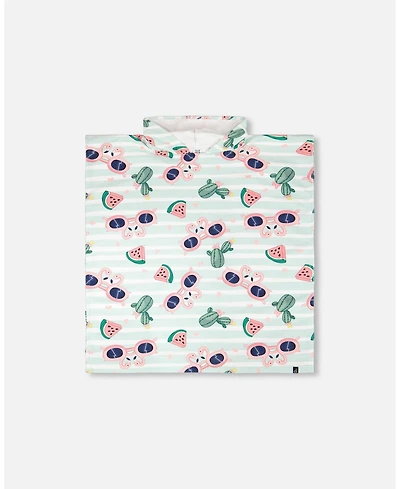 Deux par Deux Girl Hooded Beach Towel Blue Flamingo and Cactus Print - Toddler|Child