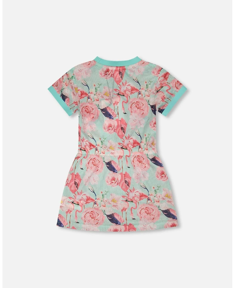 Deux par Girl Mesh Beach Dress Blue Flamingo Print - Toddler|Child