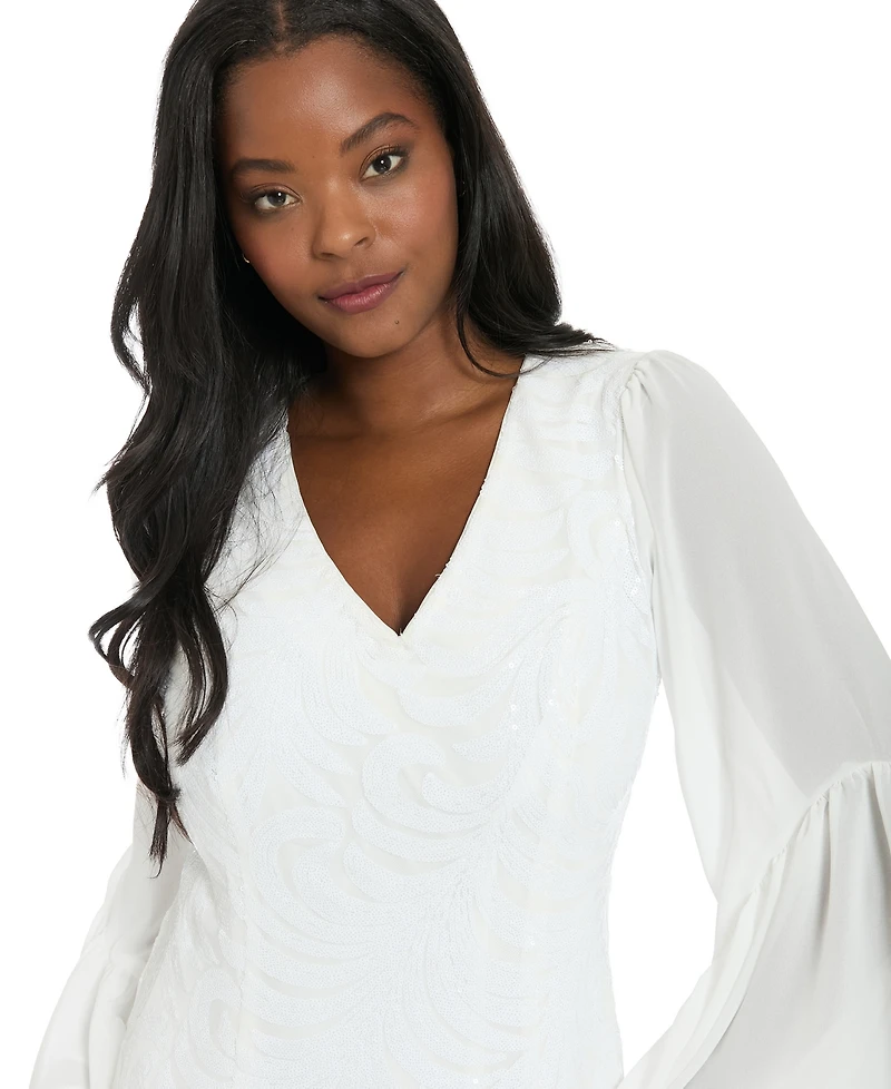 ivy + blu Women's Sheer Flounce Sleeve V-Neck Mini Dress