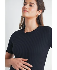 Hello Miz Women's Maternity Ribbed Crew Neck Short Sleeve Top with Lettuce Hem