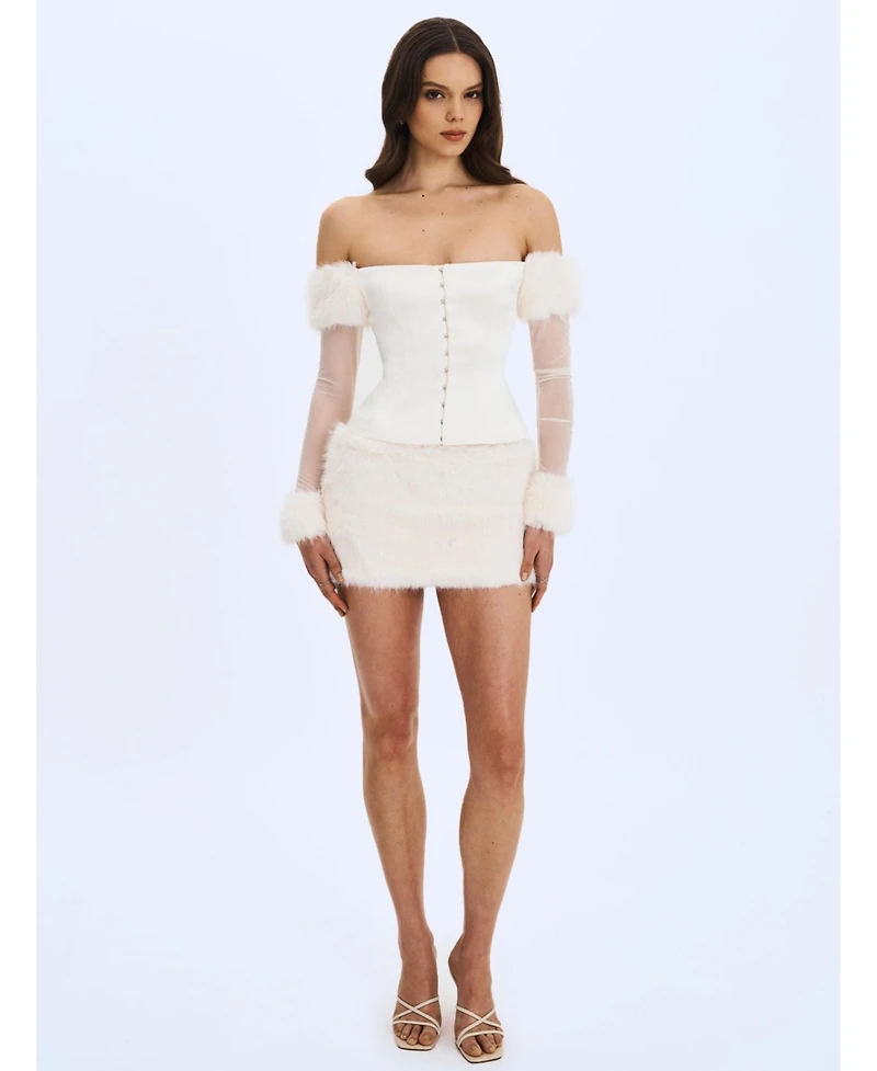 Miss Circle Women Nola Ivory Off-Shoulder Fur Trimmed Top