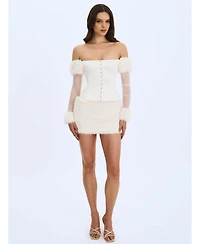 Miss Circle Women Nola Ivory Off-Shoulder Fur Trimmed Top