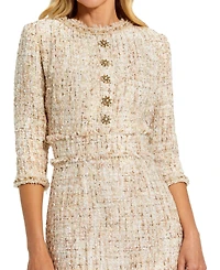 Mac Duggal Petite Beaded Trim Boucle Midi Dress with 3/4 Sleeves