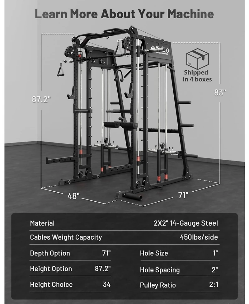 Mikolo Smith Machine, 2200lbs Squat Rack with Lat-Pull Down System & Cable Crossover Training Equipment Leg Hold-Down Attachment