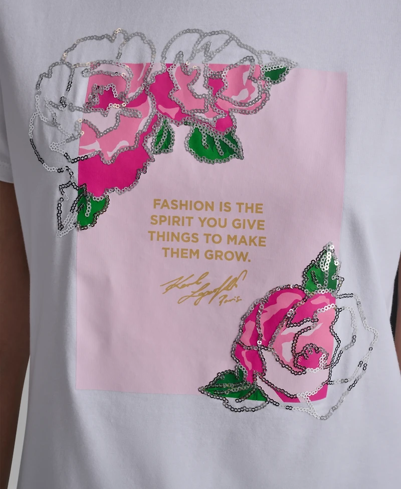 Karl Lagerfeld Paris Women's Rose Print Crew Neck T-Shirt