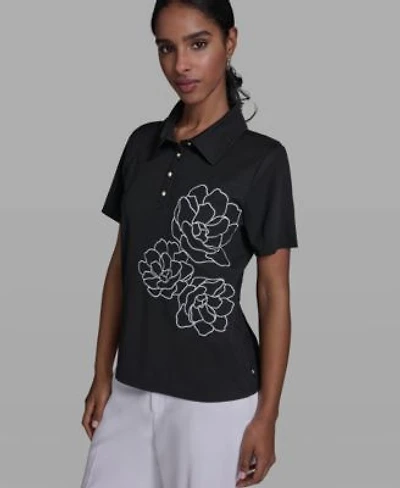 Karl Lagerfeld Paris Womens Short Sleeve Rose Embroidered Collared Blouse